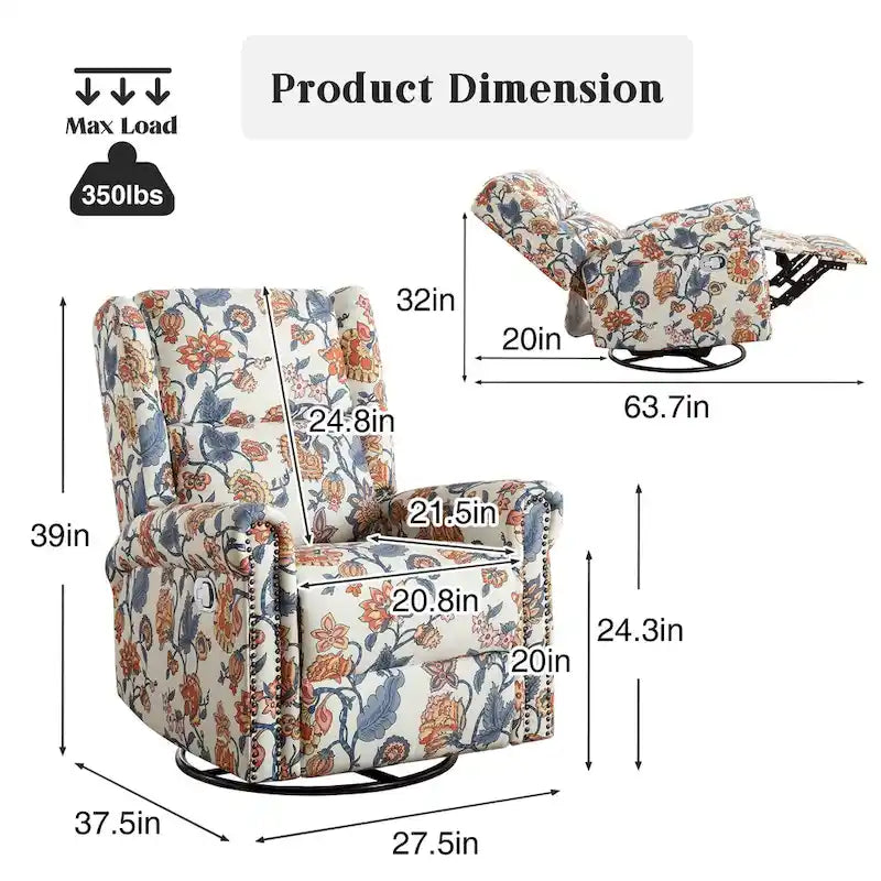 Fauteuil inclinable, pivotant et coulissant manuel à motif floral, ensemble de 2