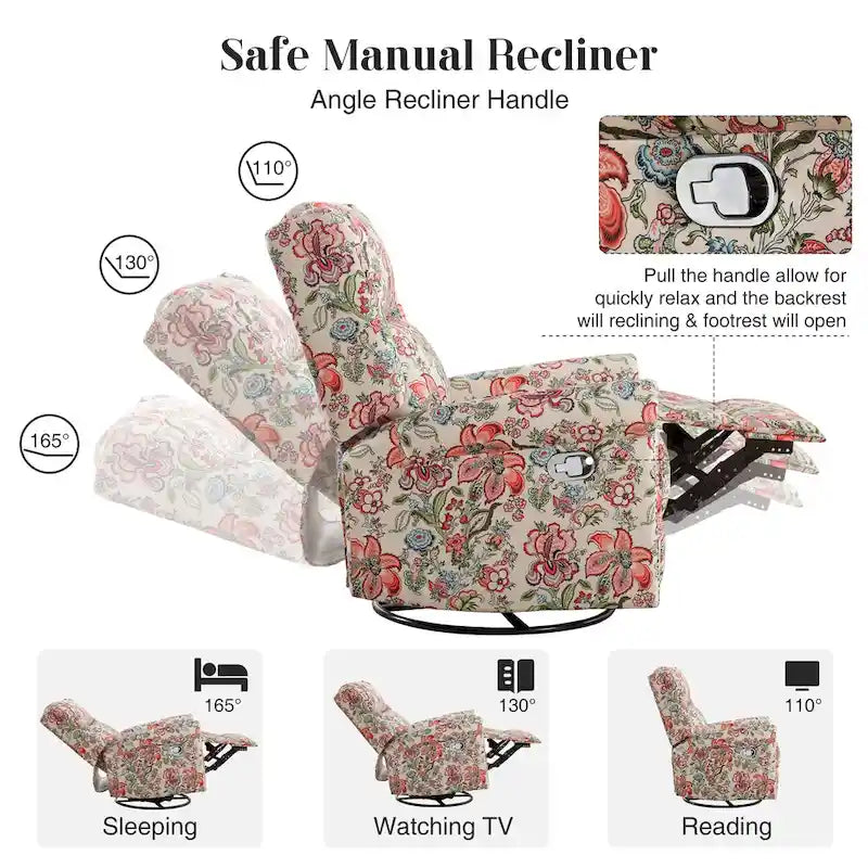 Fauteuil inclinable, pivotant et coulissant manuel à motif floral, ensemble de 2