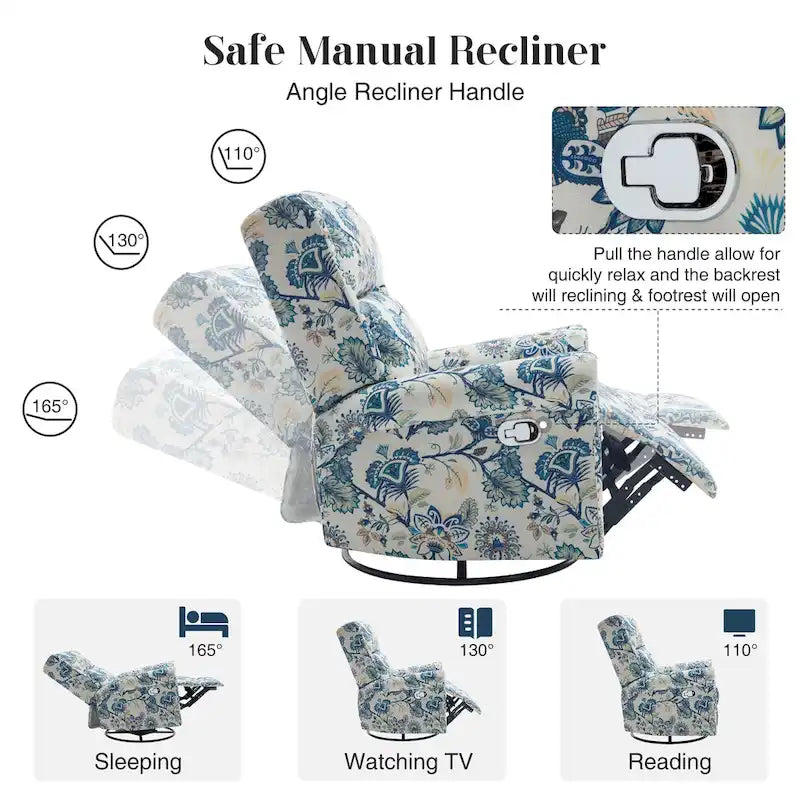 Fauteuil inclinable, pivotant et coulissant manuel à motif floral, ensemble de 2