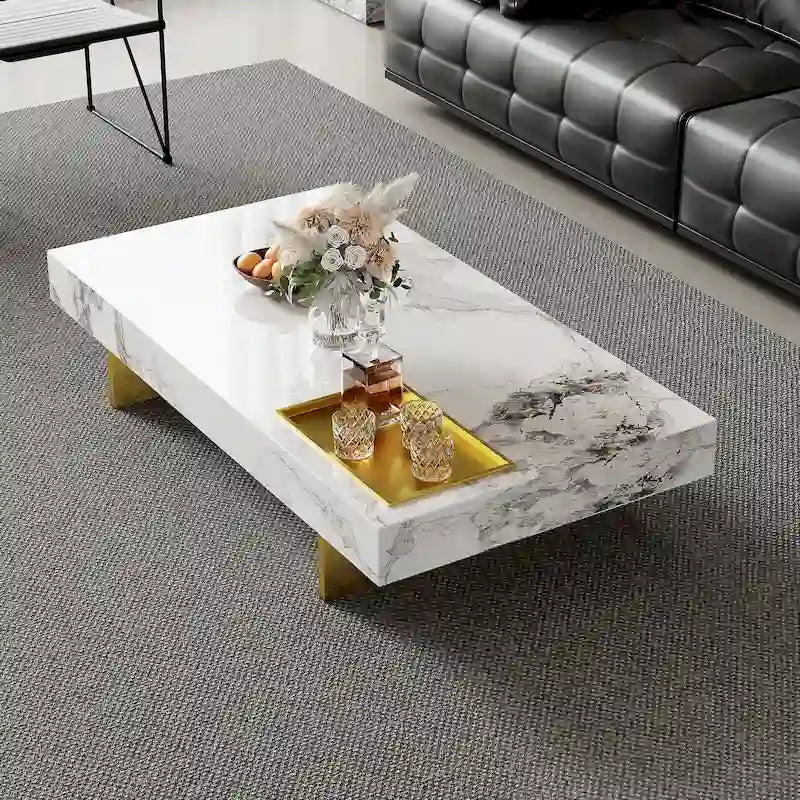 Table basse pour 2 personnes en pierre frittée carrée et rectangulaire or/noir