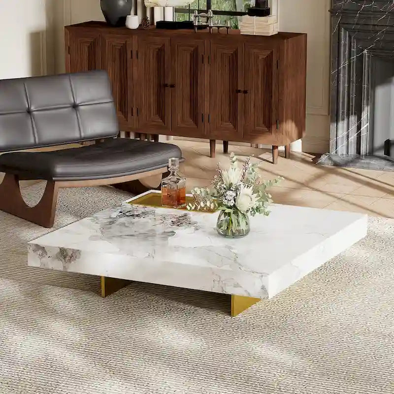Table basse pour 2 personnes en pierre frittée carrée et rectangulaire or/noir