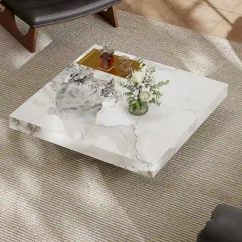 Table basse pour 2 personnes en pierre frittée carrée et rectangulaire or/noir