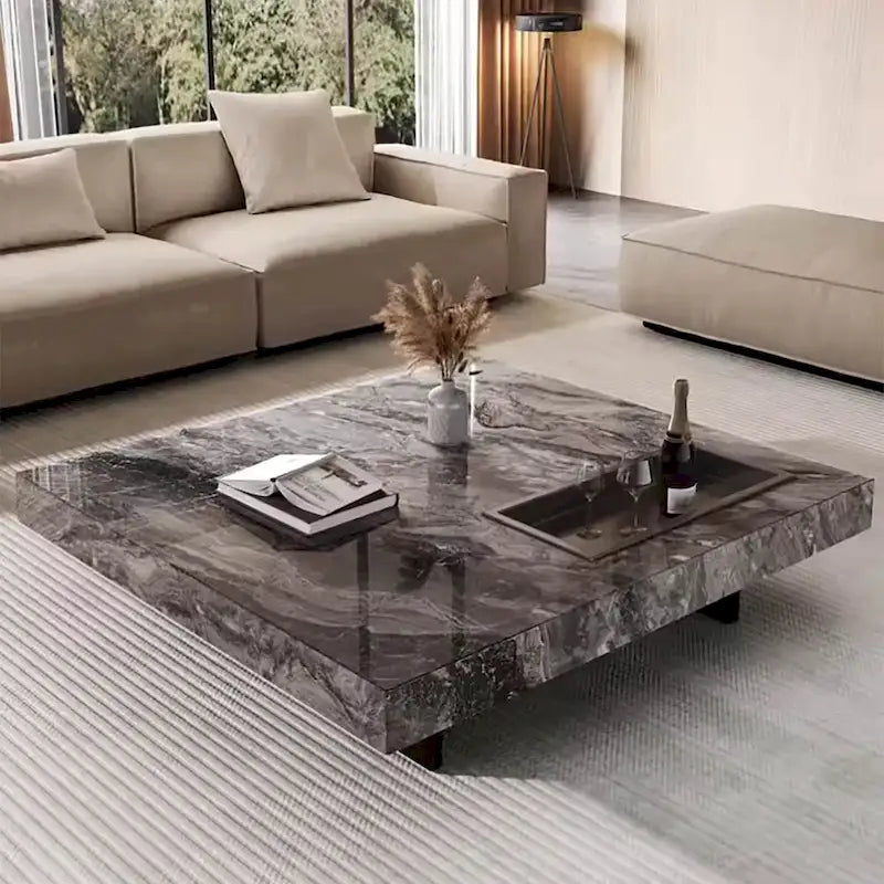 Table basse pour 2 personnes en pierre frittée carrée et rectangulaire or/noir