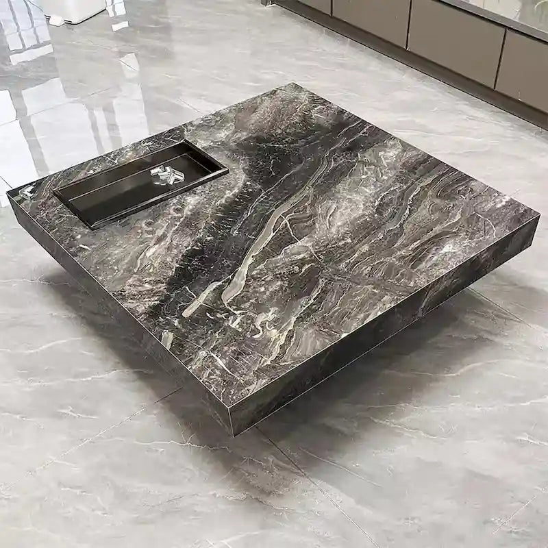 Table basse pour 2 personnes en pierre frittée carrée et rectangulaire or/noir