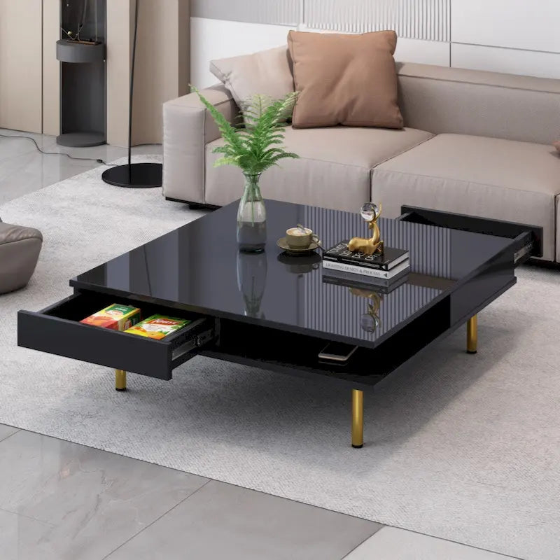 Table basse carrée à haute brillance, 2 niveaux avec 2 tiroirs et pieds dorés – Noir / Blanc