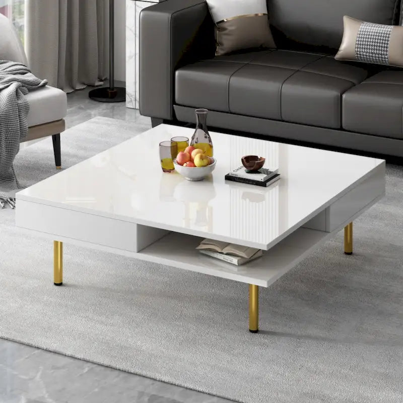 Table basse carrée à haute brillance, 2 niveaux avec 2 tiroirs et pieds dorés – Noir / Blanc