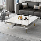 Table basse carrée à haute brillance, 2 niveaux avec 2 tiroirs et pieds dorés – Noir / Blanc