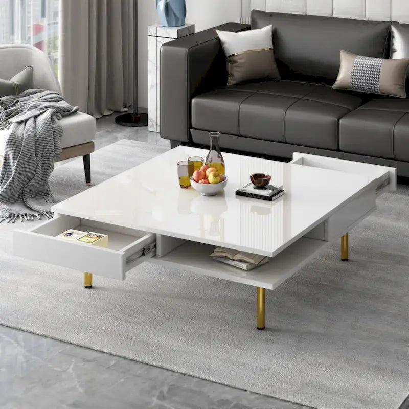 Table basse carrée à haute brillance, 2 niveaux avec 2 tiroirs et pieds dorés – Noir / Blanc