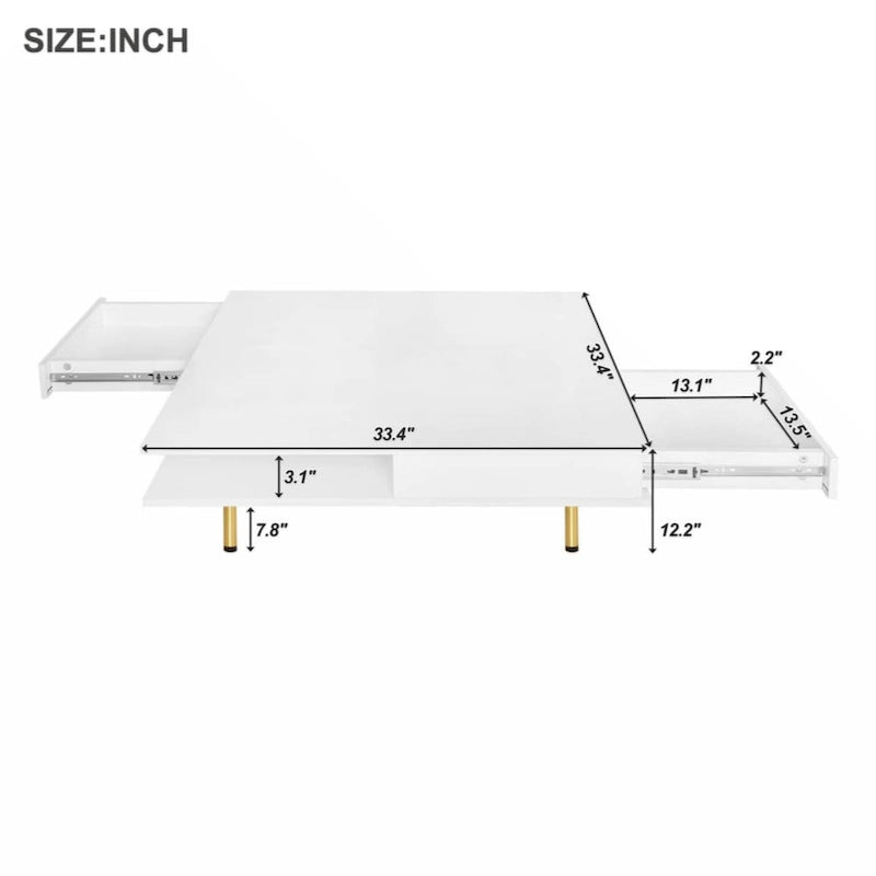 Table basse carrée à haute brillance, 2 niveaux avec 2 tiroirs et pieds dorés – Noir / Blanc