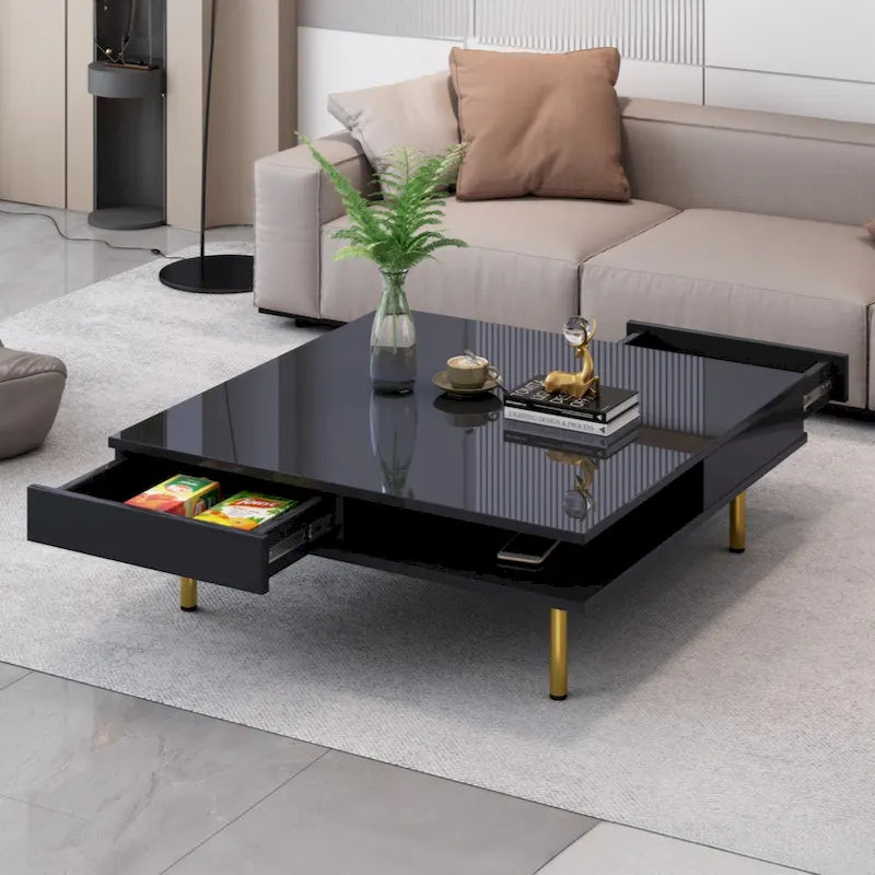 Table basse carrée à haute brillance, 2 niveaux avec 2 tiroirs et pieds dorés – Noir / Blanc