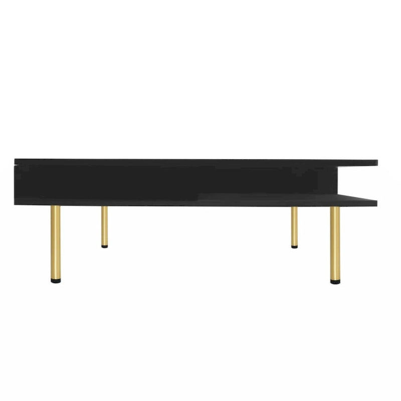 Table basse carrée à haute brillance, 2 niveaux avec 2 tiroirs et pieds dorés – Noir / Blanc