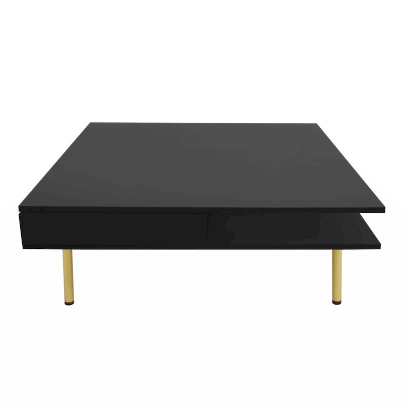 Table basse carrée à haute brillance, 2 niveaux avec 2 tiroirs et pieds dorés – Noir / Blanc