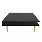Table basse carrée à haute brillance, 2 niveaux avec 2 tiroirs et pieds dorés – Noir / Blanc