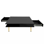 Table basse carrée à haute brillance, 2 niveaux avec 2 tiroirs et pieds dorés – Noir / Blanc