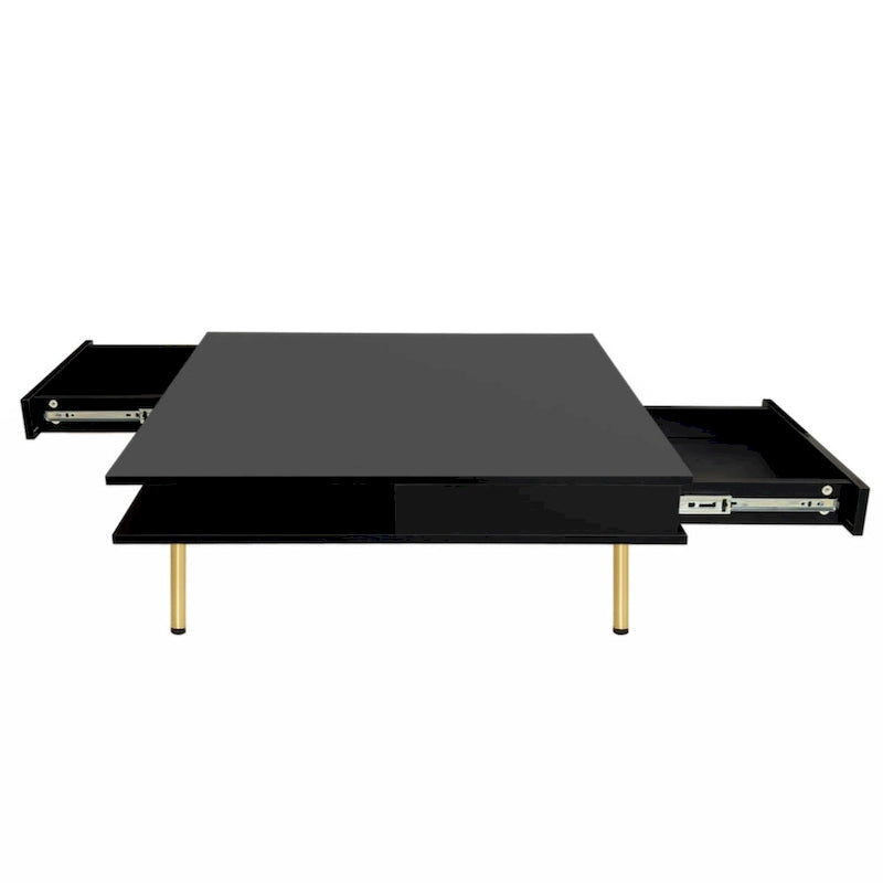 Table basse carrée à haute brillance, 2 niveaux avec 2 tiroirs et pieds dorés – Noir / Blanc