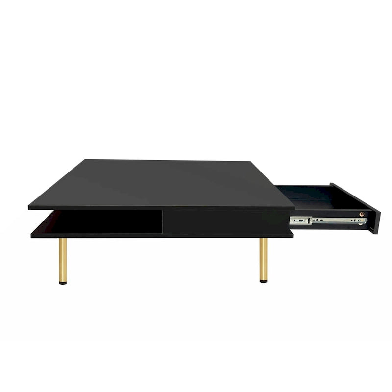 Table basse carrée à haute brillance, 2 niveaux avec 2 tiroirs et pieds dorés – Noir / Blanc