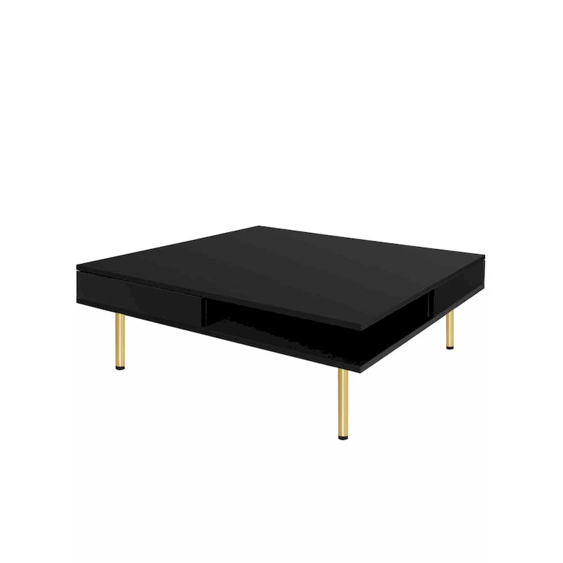 Table basse carrée à haute brillance, 2 niveaux avec 2 tiroirs et pieds dorés – Noir / Blanc