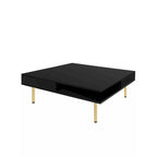 Table basse carrée à haute brillance, 2 niveaux avec 2 tiroirs et pieds dorés – Noir / Blanc