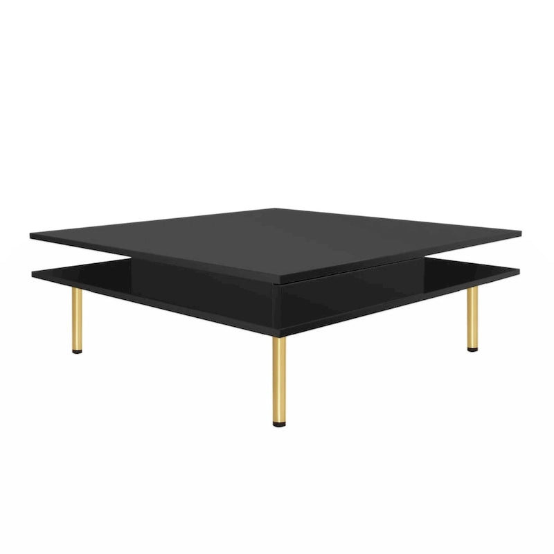 Table basse carrée à haute brillance, 2 niveaux avec 2 tiroirs et pieds dorés – Noir / Blanc