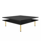 Table basse carrée à haute brillance, 2 niveaux avec 2 tiroirs et pieds dorés – Noir / Blanc