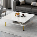Table basse carrée à haute brillance, 2 niveaux avec 2 tiroirs et pieds dorés – Noir / Blanc