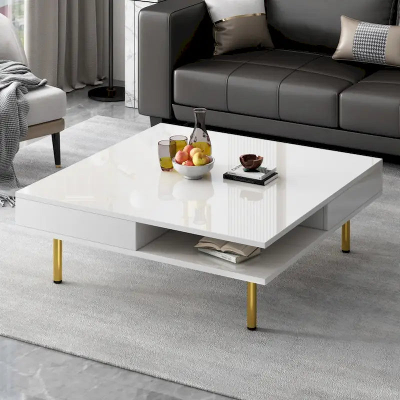 Table basse carrée à haute brillance, 2 niveaux avec 2 tiroirs et pieds dorés – Noir / Blanc