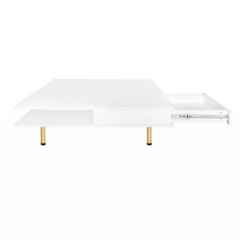 Table basse carrée à haute brillance, 2 niveaux avec 2 tiroirs et pieds dorés – Noir / Blanc