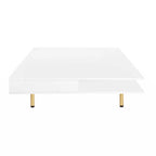 Table basse carrée à haute brillance, 2 niveaux avec 2 tiroirs et pieds dorés – Noir / Blanc