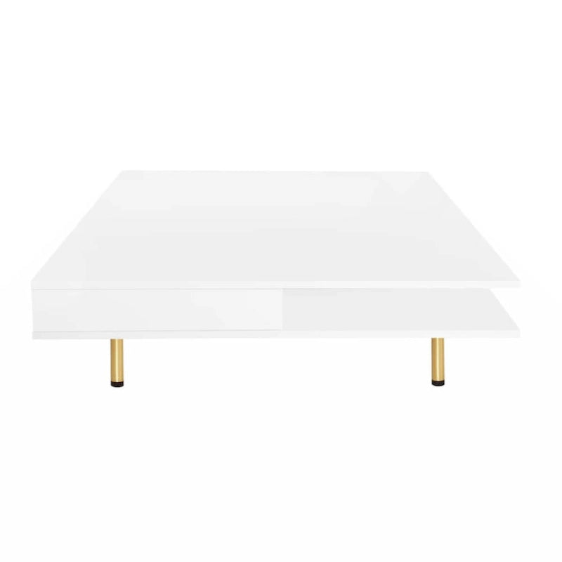 Table basse carrée à haute brillance, 2 niveaux avec 2 tiroirs et pieds dorés – Noir / Blanc