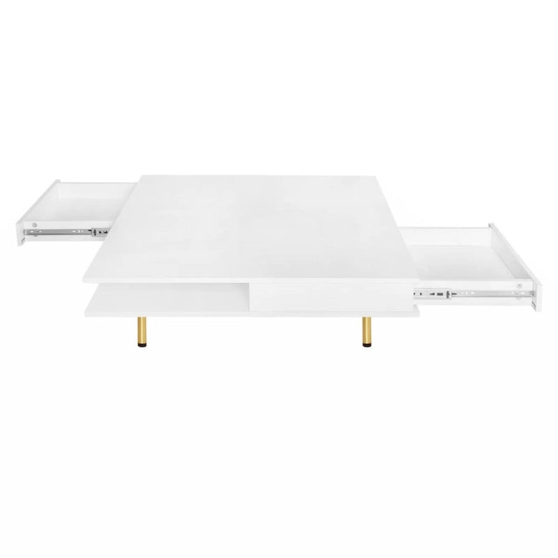 Table basse carrée à haute brillance, 2 niveaux avec 2 tiroirs et pieds dorés – Noir / Blanc