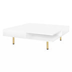 Table basse carrée à haute brillance, 2 niveaux avec 2 tiroirs et pieds dorés – Noir / Blanc