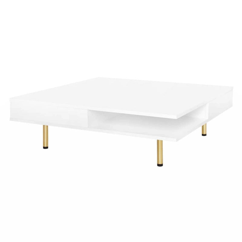 Table basse carrée à haute brillance, 2 niveaux avec 2 tiroirs et pieds dorés – Noir / Blanc