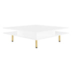 Table basse carrée à haute brillance, 2 niveaux avec 2 tiroirs et pieds dorés – Noir / Blanc