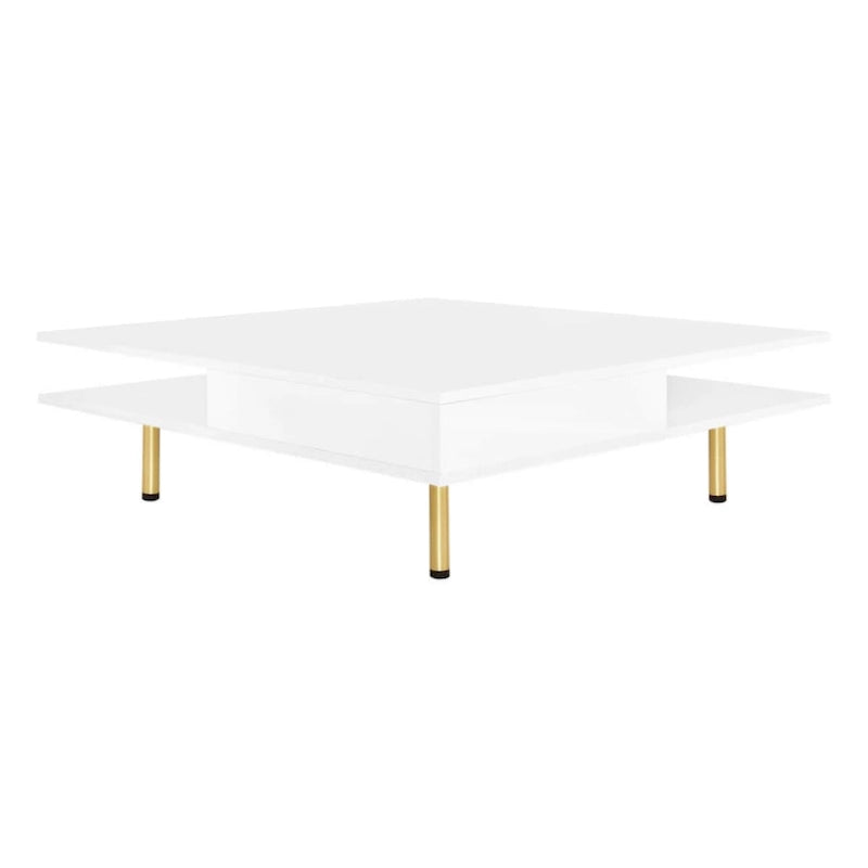 Table basse carrée à haute brillance, 2 niveaux avec 2 tiroirs et pieds dorés – Noir / Blanc