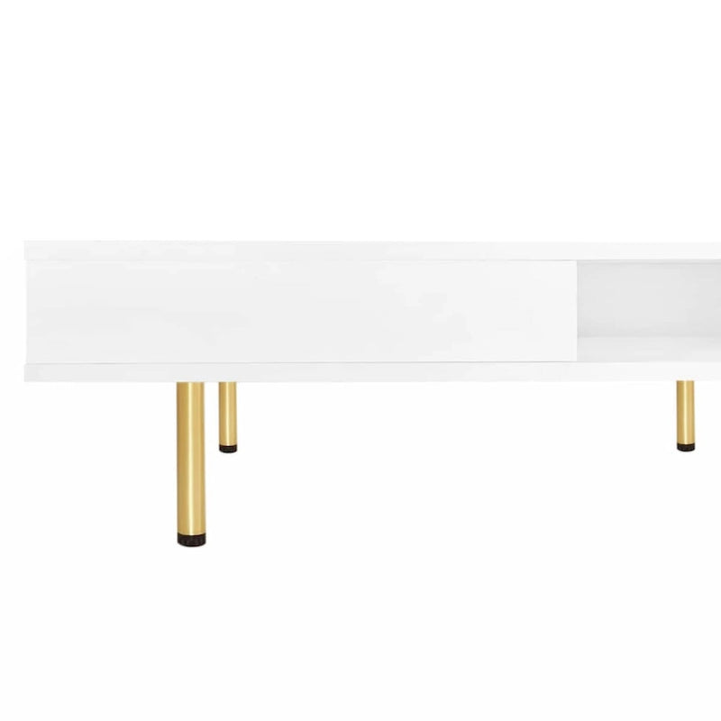 Table basse carrée à haute brillance, 2 niveaux avec 2 tiroirs et pieds dorés – Noir / Blanc