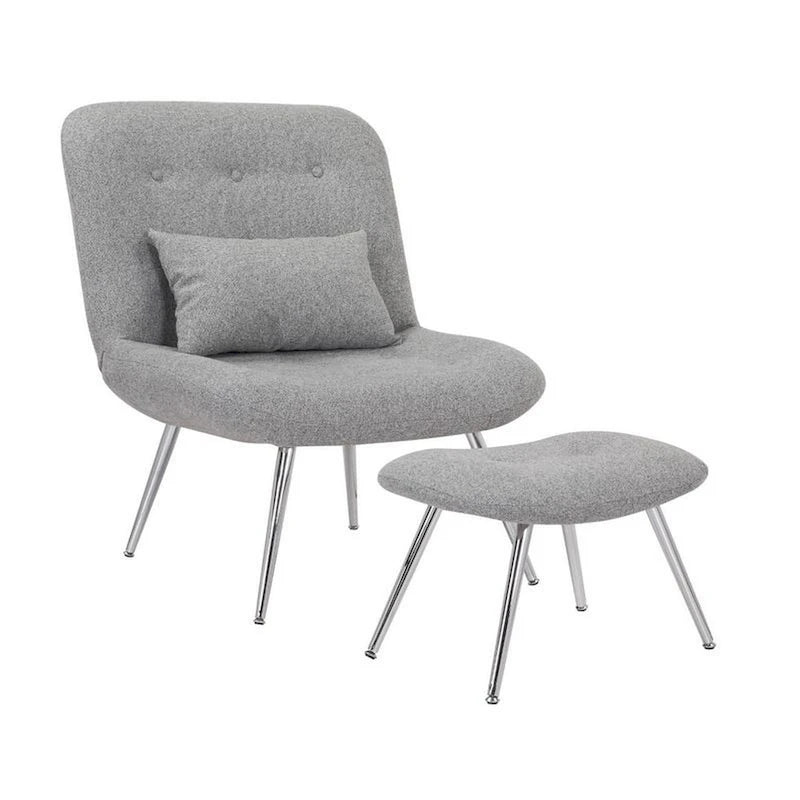 Fauteuil de salon et repose-pieds en tissu tressé gris, pieds chromés, 2 pièces, 1 place