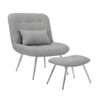 Fauteuil de salon et repose-pieds en tissu tressé gris, pieds chromés, 2 pièces, 1 place