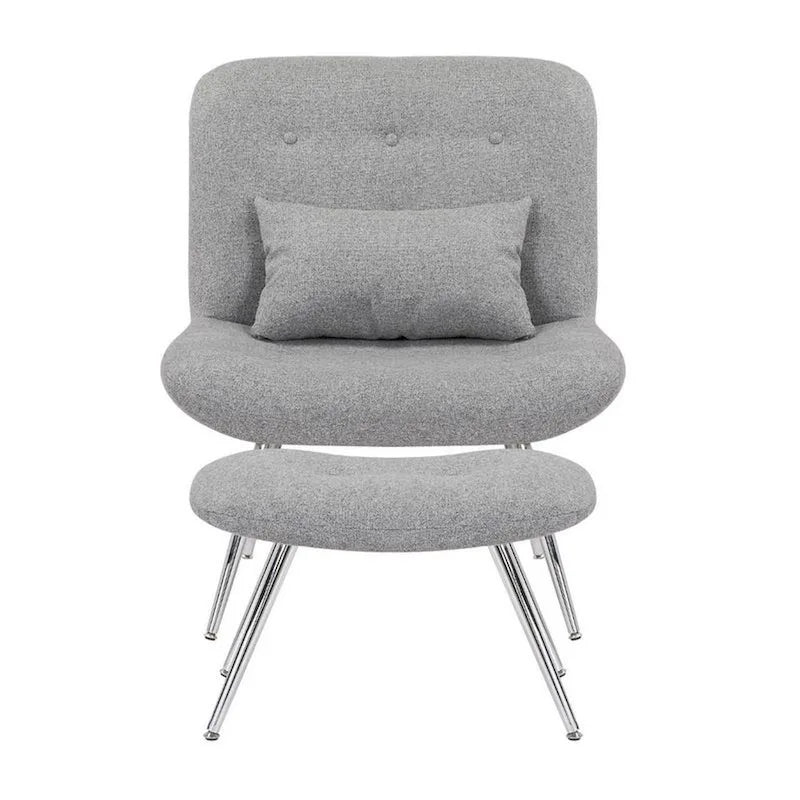 Fauteuil de salon et repose-pieds en tissu tressé gris, pieds chromés, 2 pièces, 1 place