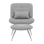 Fauteuil de salon et repose-pieds en tissu tressé gris, pieds chromés, 2 pièces, 1 place