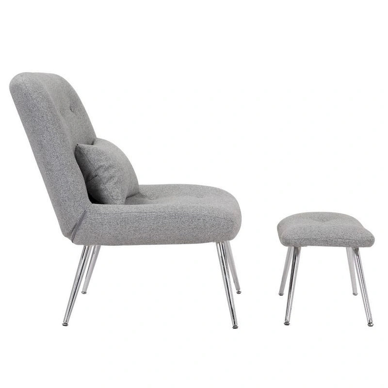 Fauteuil de salon et repose-pieds en tissu tressé gris, pieds chromés, 2 pièces, 1 place
