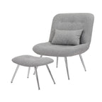 Fauteuil de salon et repose-pieds en tissu tressé gris, pieds chromés, 2 pièces, 1 place