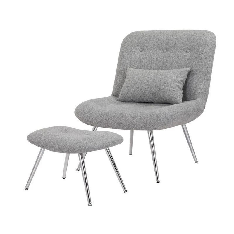 Fauteuil de salon et repose-pieds en tissu tressé gris, pieds chromés, 2 pièces, 1 place