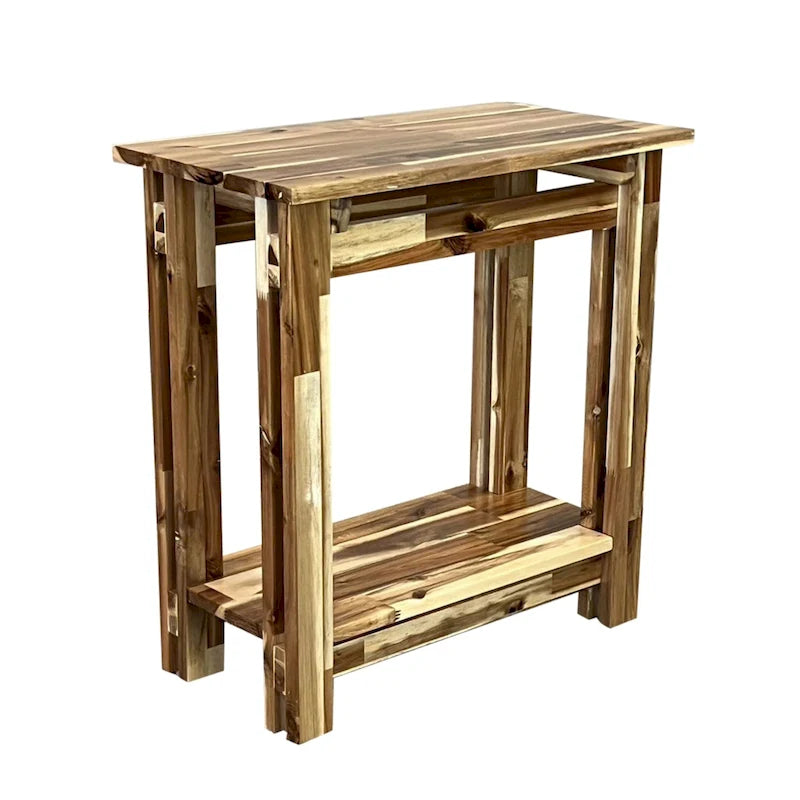 Table d'appoint fine en bois d'acacia massif naturel/acajou avec étagère inférieure