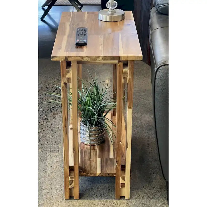 Table d'appoint fine en bois d'acacia massif naturel/acajou avec étagère inférieure