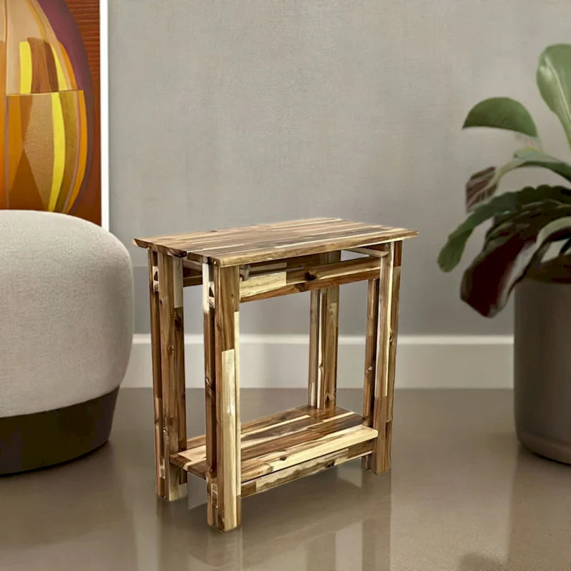 Table d'appoint fine en bois d'acacia massif naturel/acajou avec étagère inférieure