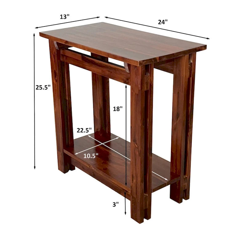 Table d'appoint fine en bois d'acacia massif naturel/acajou avec étagère inférieure