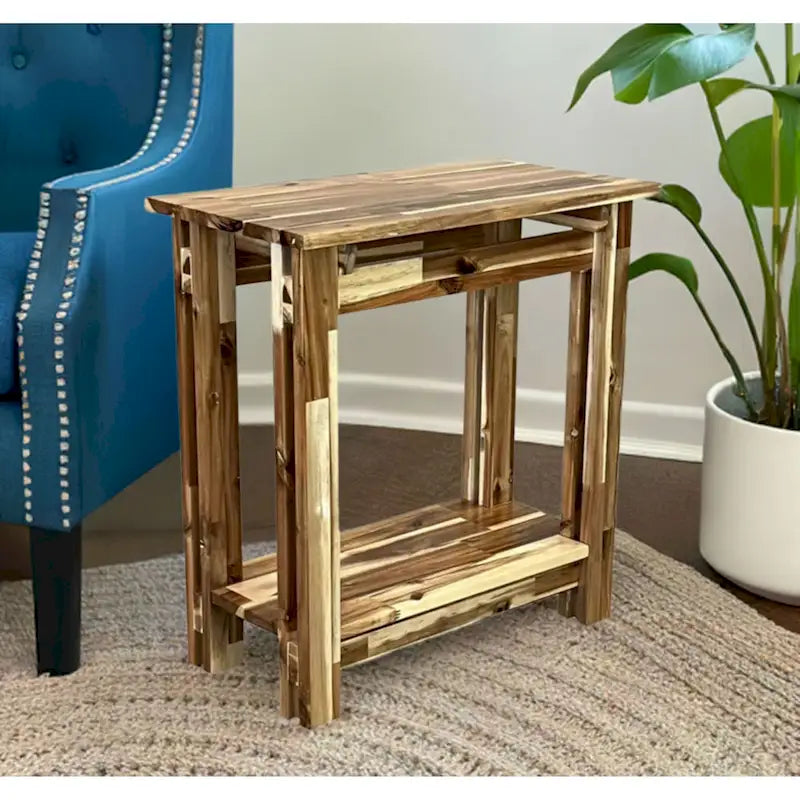 Table d'appoint fine en bois d'acacia massif naturel/acajou avec étagère inférieure