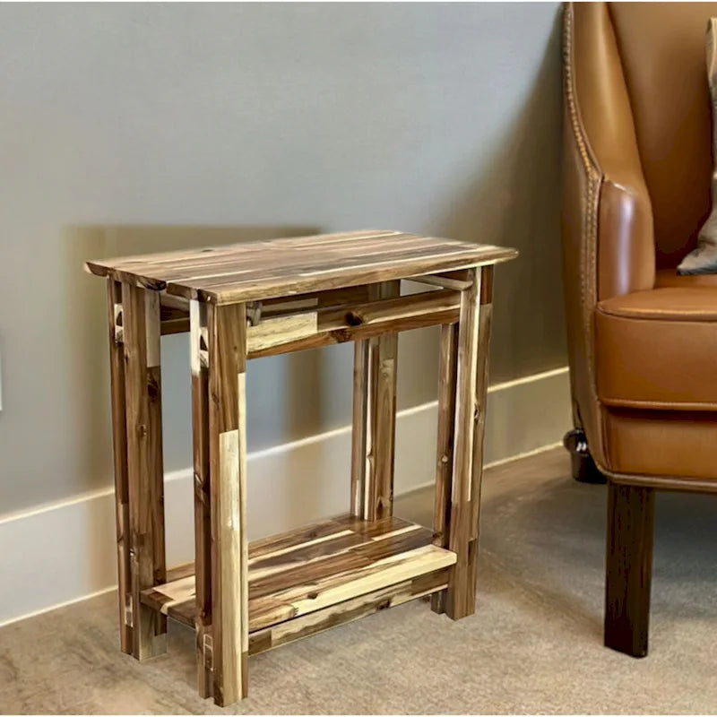 Table d'appoint fine en bois d'acacia massif naturel/acajou avec étagère inférieure