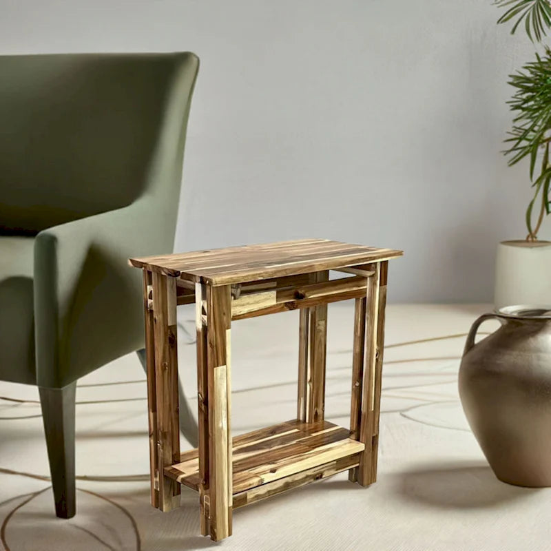 Table d'appoint fine en bois d'acacia massif naturel/acajou avec étagère inférieure