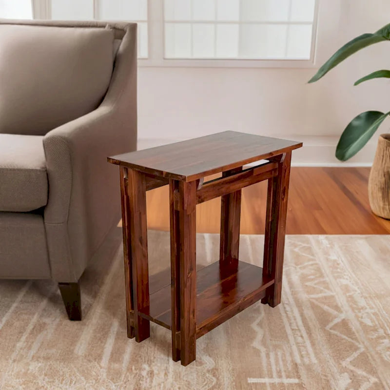 Table d'appoint fine en bois d'acacia massif naturel/acajou avec étagère inférieure